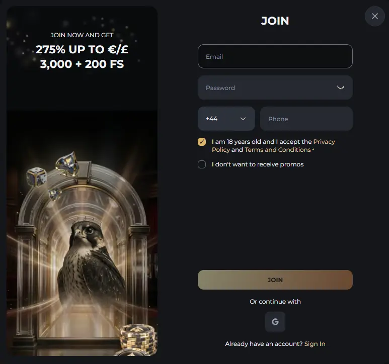 How to Get Started to Play at Falcon Casino UK
